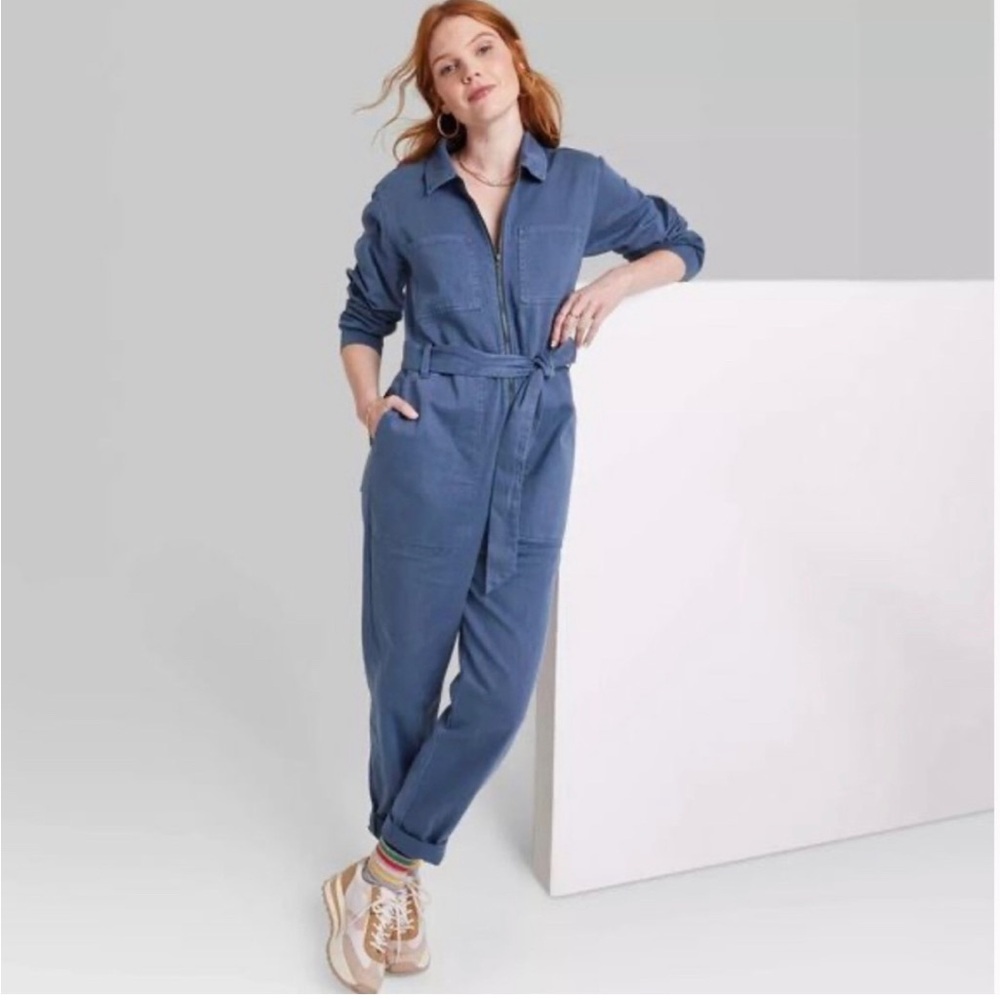 Women's Utility Zip Up JumpSuit by Ascot and Hart, Blue Medium